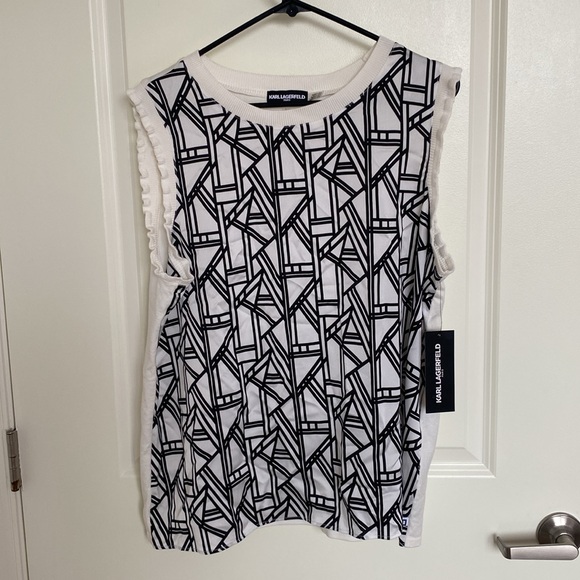 Karl Lagerfeld Paris Geometric Print Ruffle Trim Sleeveless Top Size L - Picture 2 of 9